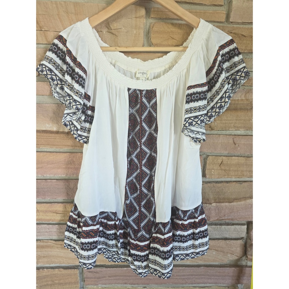 Umgee USA Boho Embroidered Off Shoulder Peasant Top White Small Short Sleeve